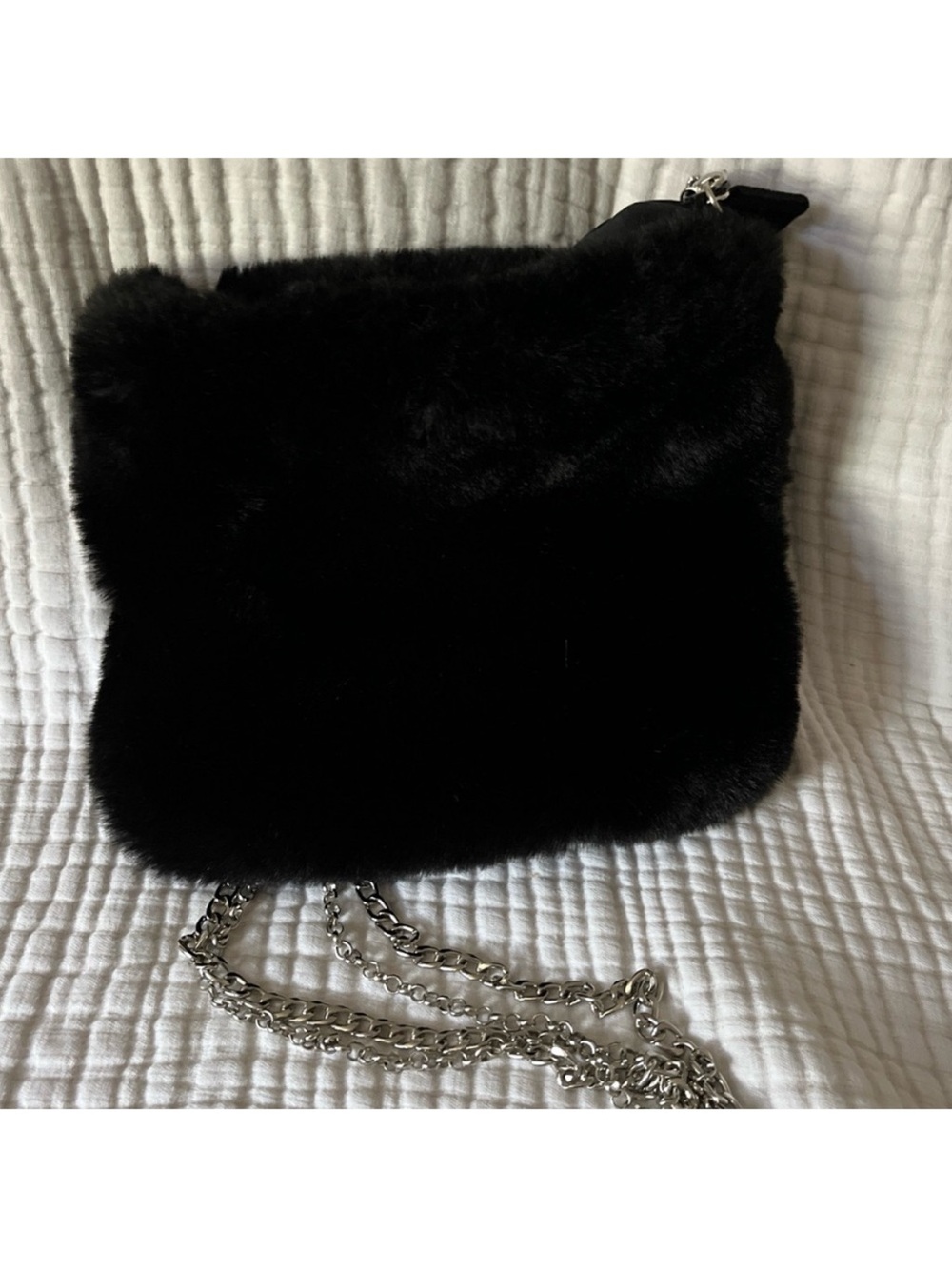 Zara Black Faux Fur Shoulder Bag with Silver Chain